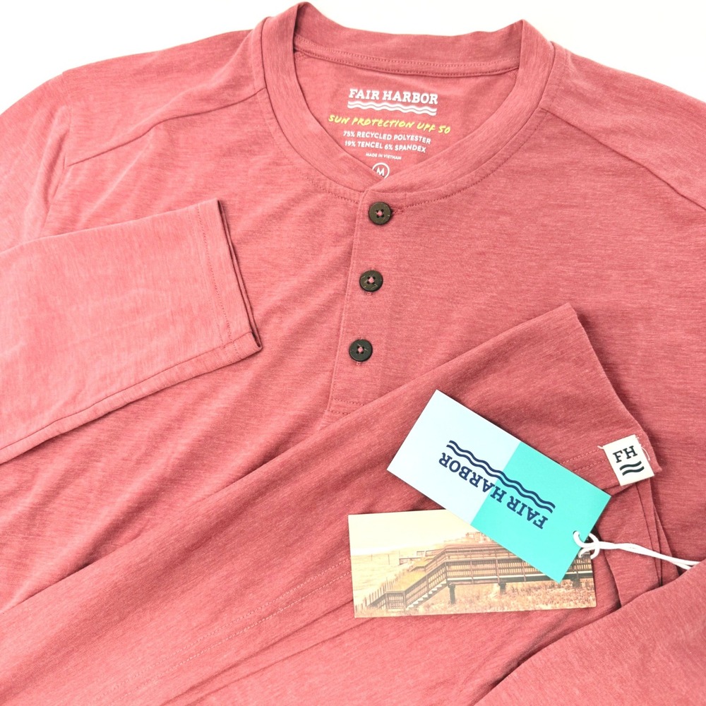 Fair Harbor Mens  Medium The Seabreeze Henley Washed Red Long Sleeve Shirt NEW
